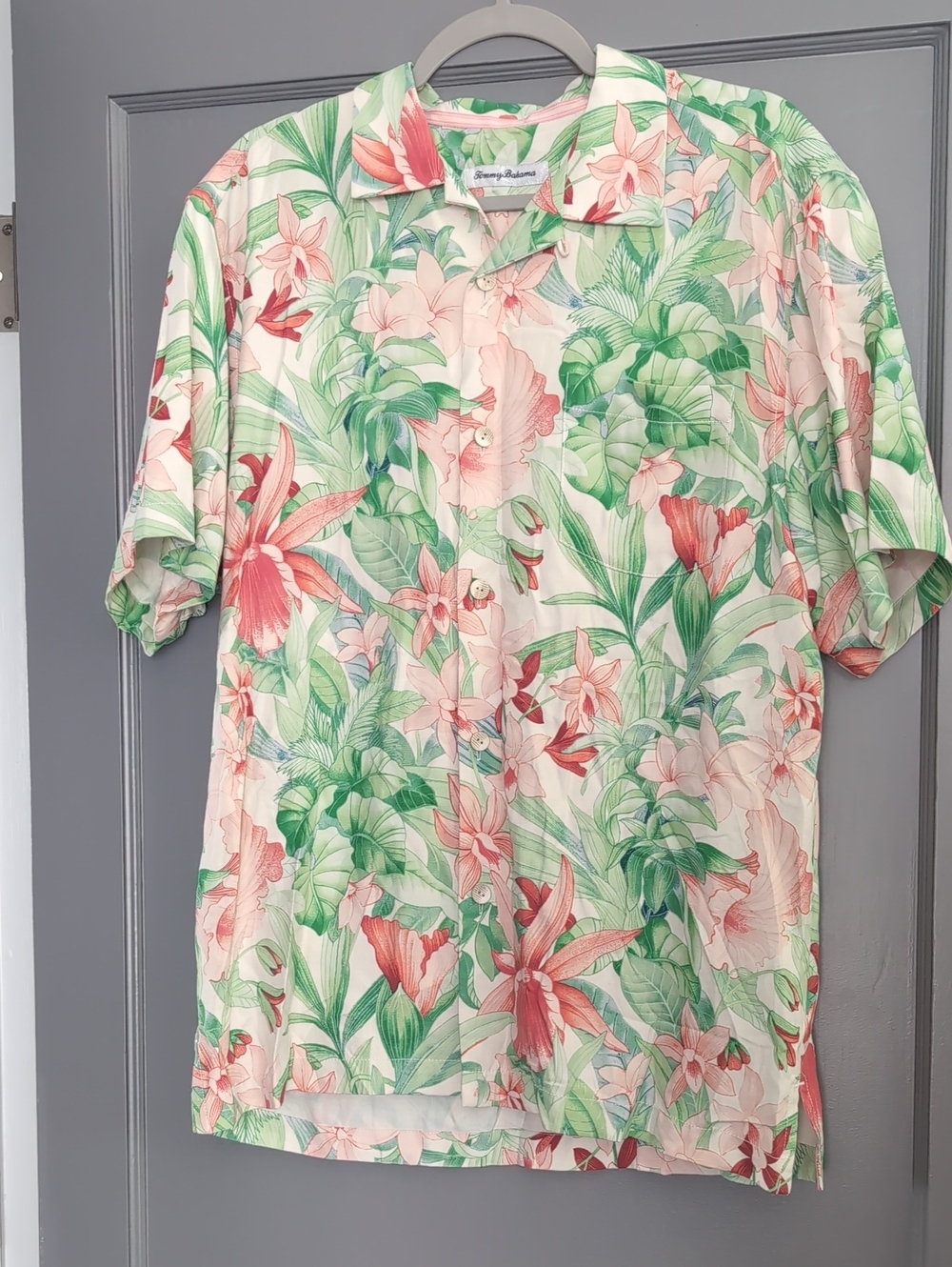 Tommy Bahama Green and Pink Tropical Floral Hawaiian Shirt - 100% Silk